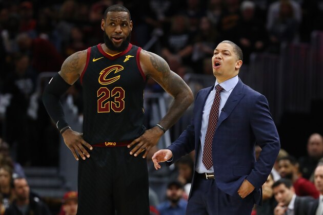 CLEVELAND, OH - APRIL 29: LeBron James #23 of the Cleveland Cavaliers and head coach Tyronn Lue talk while playing the Indiana Pacers in Game Seven of the Eastern Conference Quarterfinals during the 2018 NBA Playoffs at Quicken Loans Arena on April 29, 2018 in Cleveland, Ohio. NOTE TO USER: User expressly acknowledges and agrees that, by downloading and or using this photograph, User is consenting to the terms and conditions of the Getty Images License Agreement. (Photo by Gregory Shamus/Getty Images)