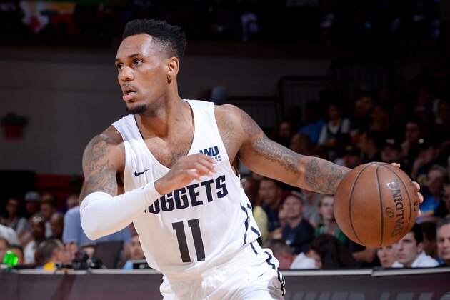 LAS VEGAS, NV - JULY 7: Monte Morris #11 of the Denver Nuggets handles the ball against the Boston Celtics during the 2018 Las Vegas Summer League on July 7, 2018 at the Cox Pavilion in Las Vegas, Nevada. NOTE TO USER: User expressly acknowledges and agrees that, by downloading and/or using this Photograph, user is consenting to the terms and conditions of the Getty Images License Agreement. Mandatory Copyright Notice: Copyright 2018 NBAE (Photo by Bart Young/NBAE via Getty Images)