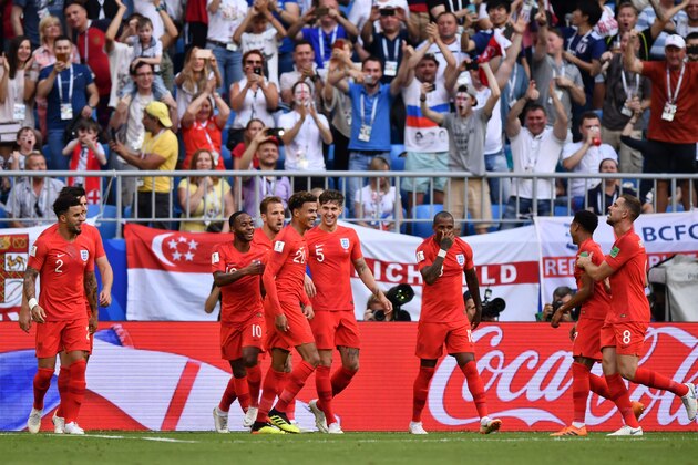 England's midfielder Dele Alli (4thL) celebrates with teammates after scoring their second goal during the Russia 2018 World Cup quarter-final football match between Sweden and England at the Samara Arena in Samara on July 7, 2018. (Photo by Fabrice COFFRINI / AFP) / RESTRICTED TO EDITORIAL USE - NO MOBILE PUSH ALERTS/DOWNLOADS        (Photo credit should read FABRICE COFFRINI/AFP/Getty Images)