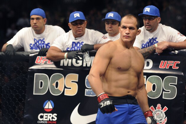 Junior dos Santos of Brazil, eyes his opponent before his UFC 155 heavyweight championship mixed martial arts match against Cain Velasquez of San Jose, Calif. at the MGM Grand Garden Arena Saturday, Dec, 29, 2012 in Las  Vegas. Velasquez reclaimed the title with a unanimous decision. (AP Photo/David Becker)