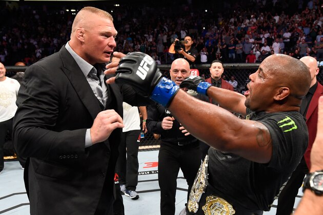 LAS VEGAS, NV - JULY 07:  Daniel Cormier confronts Brock Lesnar after his UFC heavyweight championship fight during the UFC 226 event inside T-Mobile Arena on July 7, 2018 in Las Vegas, Nevada.  (Photo by Josh Hedges/Zuffa LLC/Zuffa LLC via Getty Images)