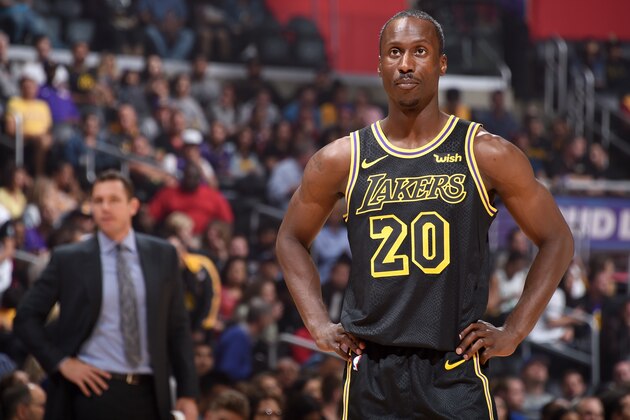 LOS ANGELES, CA - APRIL 11: Andre Ingram #20 of the Los Angeles Lakers looks on during the game against the LA Clippers on April 11, 2018 at STAPLES Center in Los Angeles, California. NOTE TO USER: User expressly acknowledges and agrees that, by downloading and/or using this photograph, user is consenting to the terms and conditions of the Getty Images License Agreement. Mandatory Copyright Notice: Copyright 2018 NBAE (Photo by Adam Pantozzi/NBAE via Getty Images)