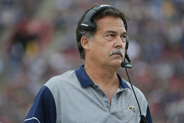 LOS ANGELES, CA - DECEMBER 11:  Head coach Jeff Fisher of the Los Angeles Rams looks on against the Atlanta Falcons in the first half at Los Angeles Memorial Coliseum on December 11, 2016 in Los Angeles, California.  (Photo by Jeff Gross/Getty Images)