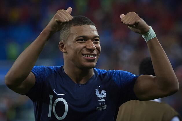 SAINT PETERSBURG, RUSSIA - JULY 10:  Kylian Mbappe of France celebrates his team victory at the 2018 FIFA World Cup Russia Semi Final match between Belgium and France at Saint Petersburg Stadium on July 10, 2018 in Saint Petersburg, Russia.  (Photo by Quality Sport Images/Getty Images)