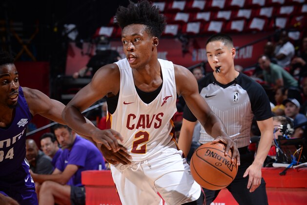 LAS VEGAS, NV - JULY 11:  Collin Sexton #2 of the Cleveland Cavaliers handles the ball against the Sacramento Kings during the 2018 Las Vegas Summer League on July 11, 2018 at the Thomas & Mack Center in Las Vegas, Nevada. NOTE TO USER: User expressly acknowledges and agrees that, by downloading and/or using this Photograph, user is consenting to the terms and conditions of the Getty Images License Agreement. Mandatory Copyright Notice: Copyright 2018 NBAE (Photo by Bart Young/NBAE via Getty Images)