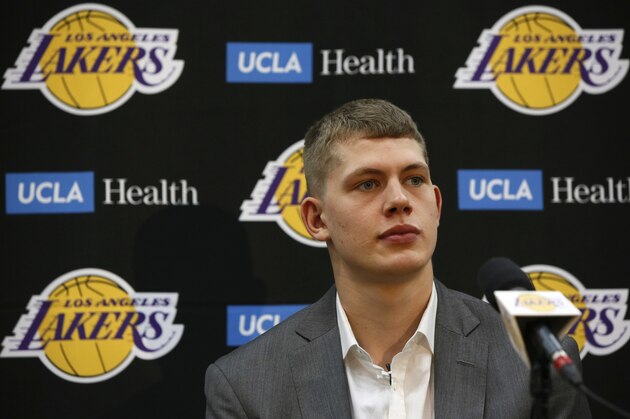Los Angeles Lakers' team pick in the 2018 NBA Draft Moritz Wagner, originally from Germany smiles during an introductory news conference in El Segundo, Calif., Tuesday, June 26, 2018. (AP Photo/Damian Dovarganes)