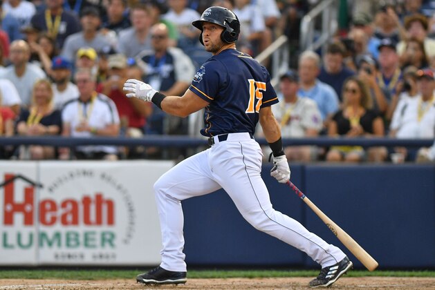 TRENTON, NJ - JULY 11: Tim Tebow #15 of the Eastern Division All Stars at bat in the second inning during the 2018 Eastern League All Star Game at Arm & Hammer Park on July 11, 2018 in Trenton, New Jersey. (Photo by Mark Brown/Getty Images)