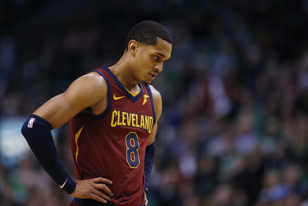 Cleveland Cavaliers guard Jordan Clarkson (8) walks up the court during Game 1 of the NBA basketball Eastern Conference Finals against the Boston Celtics, Sunday, May 13, 2018, in Boston. (AP Photo/Michael Dwyer)