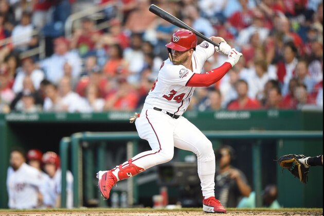 WASHINGTON, DC - JULY 05:  Bryce Harper #34 of the Washington Nationals prepares for a pitch during a baseball game against the Miami Marlins at Nationals Park on July 5, 2018 in Washington, DC.  The Nationals won 14-12.  (Photo by Mitchell Layton/Getty Images)