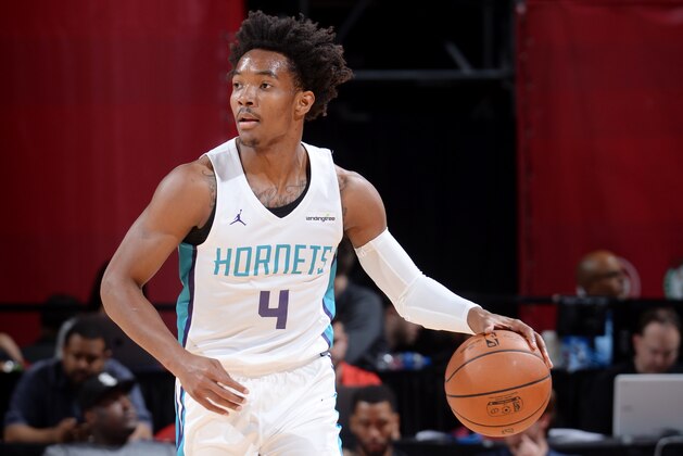 DENVER, CO - JULY 6:  Devonte Graham #4 of the Charlotte Hornets handles the ball against the Oklahoma City Thunder during the 2018 Las Vegas Summer League on July 6, 2018 at the Thomas & Mack Center in Las Vegas, Nevada. NOTE TO USER: User expressly acknowledges and agrees that, by downloading and/or using this Photograph, user is consenting to the terms and conditions of the Getty Images License Agreement. Mandatory Copyright Notice: Copyright 2018 NBAE (Photo by Bart Young/NBAE via Getty Images)