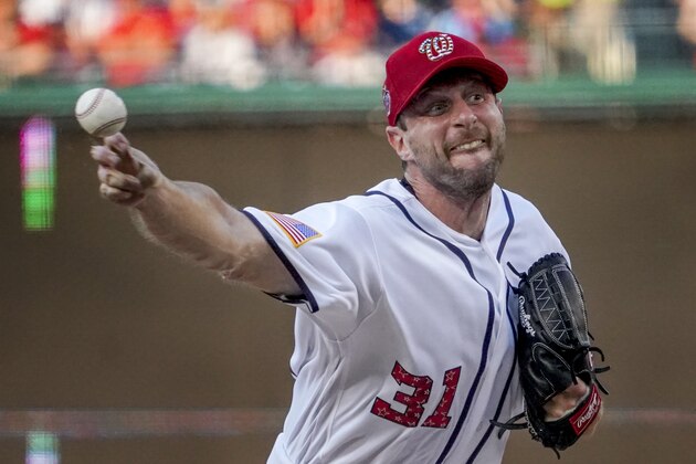 Washington Nationals starting pitcher Max Scherzer pitches during a baseball game against the Boston Red Sox at Nationals Park, Monday, July 2, 2018, in Washington. (AP Photo/Andrew Harnik)