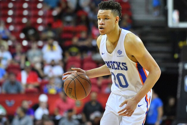 LAS VEGAS, NV - JULY 10:  Kevin Knox #20 of the New York Knicks dribbles against the Los Angeles Lakers during the 2018 NBA Summer League at the Thomas & Mack Center on July 10, 2018 in Las Vegas, Nevada. NOTE TO USER: User expressly acknowledges and agrees that, by downloading and or using this photograph, User is consenting to the terms and conditions of the Getty Images License Agreement.  (Photo by Sam Wasson/Getty Images)