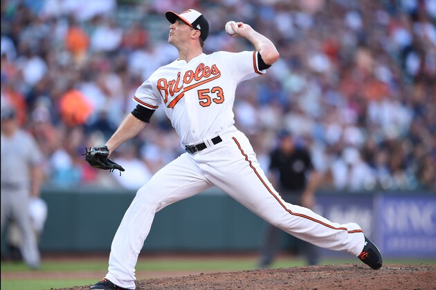 BALTIMORE, MD - JULY 09:  Zach Britton #53 of the Baltimore Orioles pitches in the ninth inning during a game one of a doubleheader baseball game against the New York Yankees at Oriole Park at Camden Yards on July 9, 2018 in Baltimore, Maryland.  (Photo by Mitchell Layton/Getty Images)