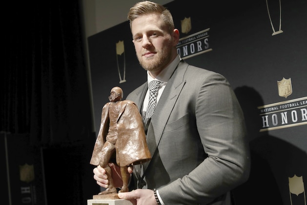 IMAGE DISTRIBUTED FOR NFL - J. J. Watt poses in the press room with the Walter Payton NFL Man of the Year award at the 7th Annual NFL Honors at the Cyrus Northrop Memorial Auditorium on Saturday, Feb. 3, 2018, in Minneapolis, Minnesota. (Photo by Jeff Lewis/Invision for NFL/AP Images)