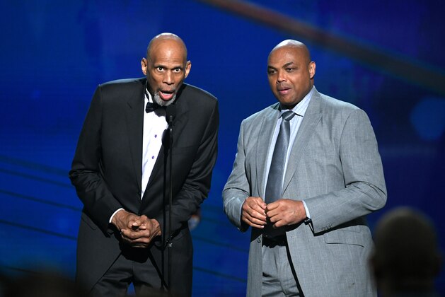 SANTA MONICA, CA - JUNE 25:  Kareem Abdul-Jabbar (L) and Charles Barkley speak onstage at the 2018 NBA Awards at Barkar Hangar on June 25, 2018 in Santa Monica, California.  (Photo by Kevin Winter/Getty Images for Turner Sports)