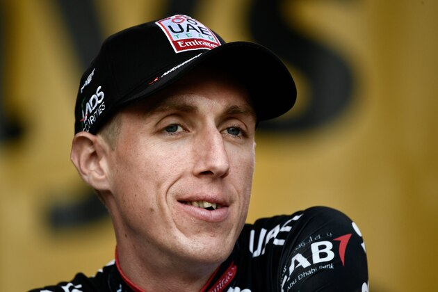 Ireland's Daniel Martin of UAE Team Emirates cycling team stands on stage during the team presentation ceremony on July 5, 2018 in La Roche-sur-Yon, western France, two days ahead the start of the 105th edition of the Tour de France cycling race. (Photo by Philippe LOPEZ / AFP)        (Photo credit should read PHILIPPE LOPEZ/AFP/Getty Images)