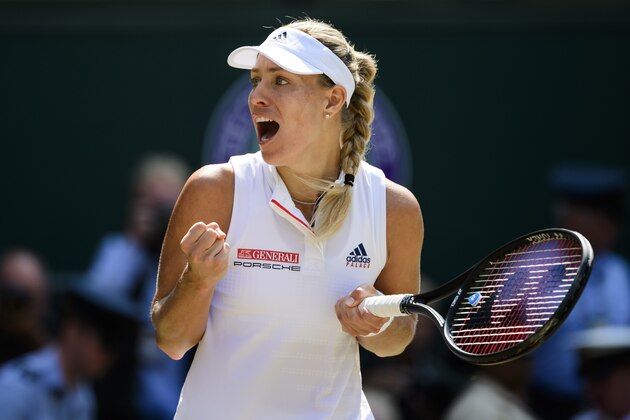 LONDON, ENGLAND - JULY 12: Angelique Kerber of Germany celebrates after beating Jelena Ostapenko of Latvia in the ladies' semi finals at the All England Lawn Tennis and Croquet Club on July 12, 2018 in London, England. (Photo by TPN/Getty Images)