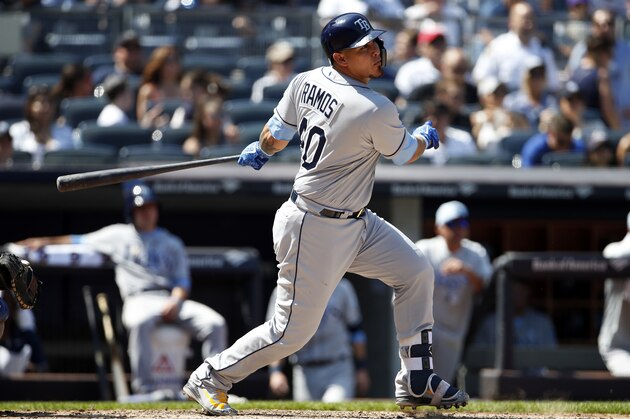 NEW YORK, NY - JUNE 17: Wilson Ramos #40 of the Tampa Bay Rays at bat against the New York Yankees during the fifth inning at Yankee Stadium on June 17, 2018 in the Bronx borough of New York City. (Photo by Adam Hunger/Getty Images)