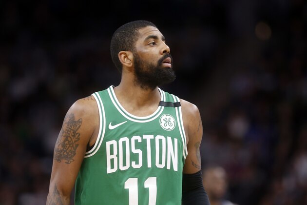 Boston Celtics's Kyrie Irving plays against the Minnesota Timberwolves in an NBA basketball game Thursday, March 8, 2018, in St. Paul, Minn. (AP Photo/Jim Mone)