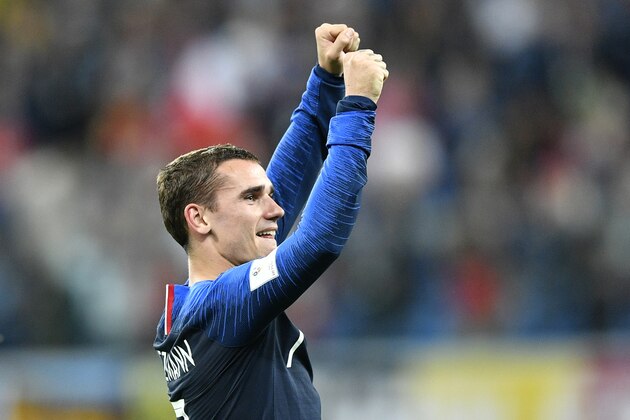 France's Antoine Griezmann celebrates after his team advanced to the final after the semifinal match between France and Belgium at the 2018 soccer World Cup in the St. Petersburg Stadium in St. Petersburg, Russia, Tuesday, July 10, 2018. (AP Photo/Martin Meissner)