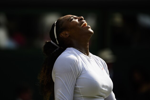 LONDON, ENGLAND - JULY 12: Serena Williams of the United States celebrates after beating Julia Georges of Germany in the ladies' semi finals at the All England Lawn Tennis and Croquet Club on July 12, 2018 in London, England. (Photo by TPN/Getty Images)