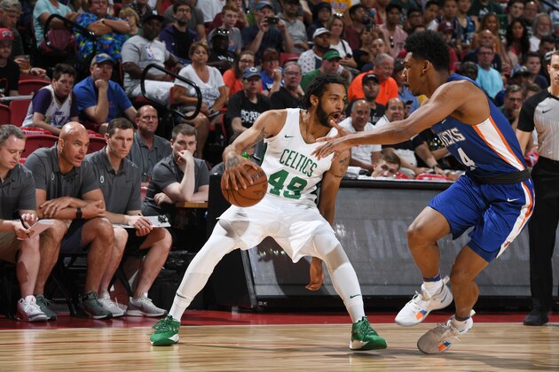 LAS VEGAS, NV - JULY 12:  Pierria Henry #49 of the Boston Celtics handles the ball against the New York Knicks during the 2018 Las Vegas Summer League on July 12, 2018 at the Thomas & Mack Center in Las Vegas, Nevada. NOTE TO USER: User expressly acknowledges and agrees that, by downloading and/or using this Photograph, user is consenting to the terms and conditions of the Getty Images License Agreement. Mandatory Copyright Notice: Copyright 2018 NBAE (Photo by Garrett Ellwood/NBAE via Getty Images)