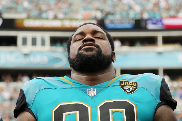 JACKSONVILLE, FL - NOVEMBER 05:  Marcell Dareus #99 of the Jacksonville Jaguars waits in the bench area prior to the start of their game against the Cincinnati Bengals at EverBank Field on November 5, 2017 in Jacksonville, Florida.  (Photo by Logan Bowles/Getty Images)