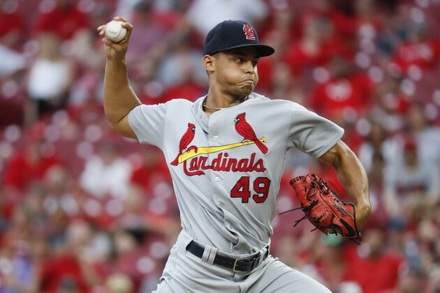 St. Louis Cardinals relief pitcher Jordan Hicks throws in the ninth inning of a baseball game against the Cincinnati Reds, Saturday, June 9, 2018, in Cincinnati. (AP Photo/John Minchillo)