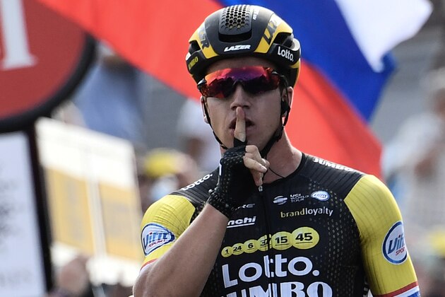 Netherlands' Dylan Groenewegen reacts as he crosses the finish line to win the seventh stage of the 105th edition of the Tour de France cycling race between Fougeres and Chartres, western France, on July 13, 2018. (Photo by Jeff PACHOUD / AFP)        (Photo credit should read JEFF PACHOUD/AFP/Getty Images)