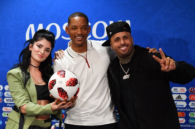 MOSCOW, RUSSIA - JULY 13:  Era Istrefi, Will Smith and Nicky Jam pose at a closing ceremony press conference during the 2018 FIFA World Cup at Luzhniki Stadium on July 13, 2018 in Moscow, Russia.  (Photo by Dan Mullan/Getty Images)