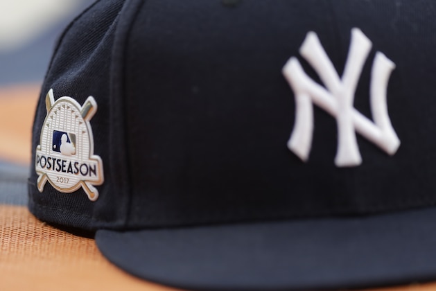 A New York Yankees hat is seen during batting practice for Game 1 of the American League Championship Series against the Houston Astros baseball game Thursday, Oct. 12, 2017, in Houston. (AP Photo/Eric Gay)
