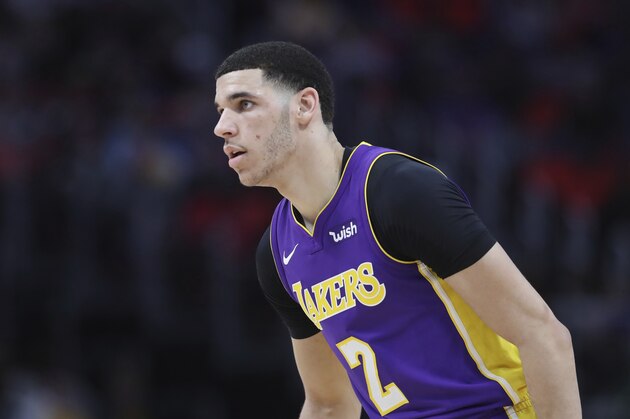 Los Angeles Lakers guard Lonzo Ball is seen during the second half of an NBA basketball game against the Detroit Pistons, Monday, March 26, 2018, in Detroit. (AP Photo/Carlos Osorio)
