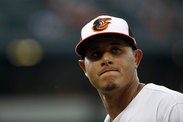 Baltimore Orioles shortstop Manny Machado walks on the field between innings of a baseball game against the New York Yankees, Tuesday, July 10, 2018, in Baltimore. (AP Photo/Patrick Semansky)