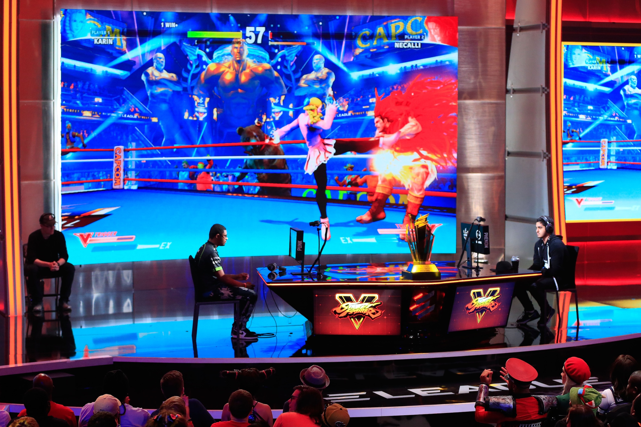 ATLANTA, GA - MAY 26: Victor 'Punk' Woodley, of the USA, plays against Arman 'Phenom' Hanjani, of Norway, in the semi-final of the ELEAGUE Street Fighter V Invitational Playoffs &  Championship at Turner Studios on May 26, 2017 in Atlanta, Georgia. (Photo by Daniel Shirey/Getty Images)
