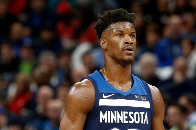 Minnesota Timberwolves' Jimmy Butler plays against the Houston Rockets in the first half during Game 3 of an NBA basketball first round playoff series Saturday, April 21, 2018, in Minneapolis. (AP Photo/Jim Mone)