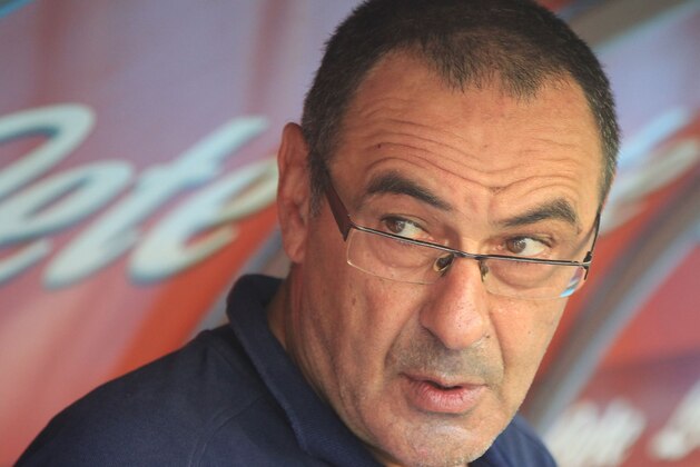 Napoli's Italian coach Maurizio Sarri looks on during the Italian Serie A football match SSC Napoli vs FC Crotone on May 20, 2018 at the San Paolo Stadium. (Photo by CARLO HERMANN / AFP)        (Photo credit should read CARLO HERMANN/AFP/Getty Images)