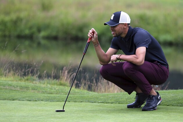 Golden State Warriors All-Star guard Stephen Curry lines up a putt on the first green during the first round at the American Century Golf Championship, Friday, July 13, 2018, at the Edgewood Tahoe Golf Course in Stateline, Nev. (AP Photo/Lance Iversen)