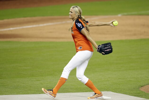 National League's Jennie Finch pitches during the All-Star Celebrity Softball game, Sunday, July 9, 2017, in Miami. (AP Photo/Lynne Sladky)