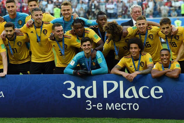 Belgium's team pose with their medals after winning their Russia 2018 World Cup play-off for third place football match between Belgium and England at the Saint Petersburg Stadium in Saint Petersburg on July 14, 2018. (Photo by PAUL ELLIS / AFP) / RESTRICTED TO EDITORIAL USE - NO MOBILE PUSH ALERTS/DOWNLOADS        (Photo credit should read PAUL ELLIS/AFP/Getty Images)