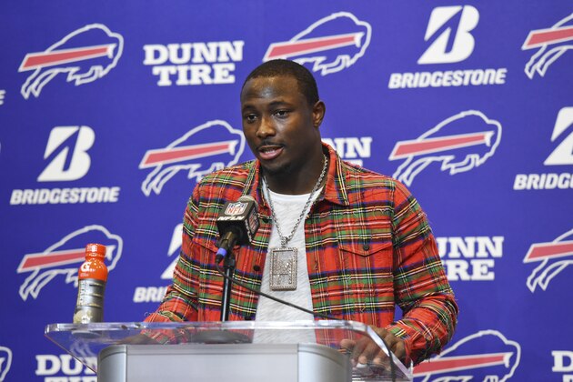 Buffalo Bills running back LeSean McCoy (25) speaks during a news conference after an NFL football game against the Tampa Bay Buccaneers Sunday, Oct. 22, 2017, in Orchard Park, N.Y. The Bills won 30-27.(AP Photo/Rich Barnes)