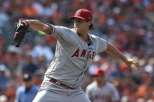 Los Angeles Angels pitcher Tyler Skaggs throws against the Baltimore Orioles in the first inning of baseball game, Saturday, June 30, 2018, in Baltimore. (AP Photo/Gail Burton)