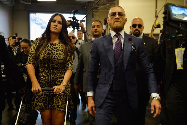 LAS VEGAS, NV - AUGUST 26:  Conor McGregor arrives with Dee Devlin for his super welterweight boxing match against Floyd Mayweather Jr. on August 26, 2017 at T-Mobile Arena in Las Vegas, Nevada.  (Photo by Brandon Magnus/Zuffa LLC/Zuffa LLC via Getty Images )