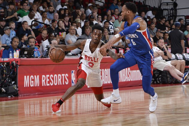 LAS VEGAS, NV - JULY 14: Antonio Blakeney #9 of the Chicago Bulls handles the ball against the Detroit Pistons during the 2018 Las Vegas Summer League on July 14, 2018 at the Cox Pavilion in Las Vegas, Nevada. NOTE TO USER: User expressly acknowledges and agrees that, by downloading and/or using this photograph, user is consenting to the terms and conditions of the Getty Images License Agreement. Mandatory Copyright Notice: Copyright 2018 NBAE (Photo by David Dow/NBAE via Getty Images)