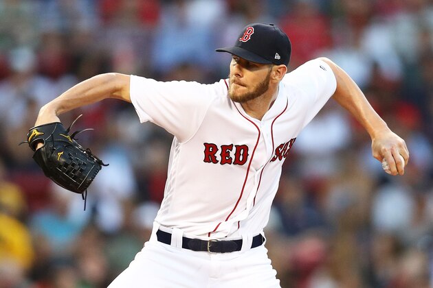 BOSTON, MA - JULY 11:  Chris Sale #41 of the Boston Red Sox pitches in the third inning of a game against the Texas Rangers at Fenway Park on July 11, 2018 in Boston, Massachusetts.  (Photo by Adam Glanzman/Getty Images)