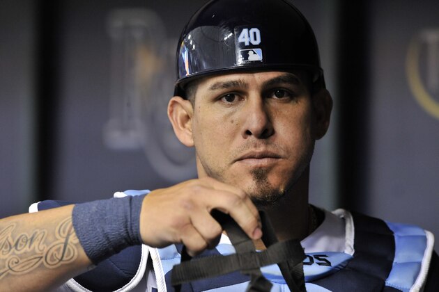 Tampa Bay Rays catcher Wilson Ramos heads for the field during a baseball game against the Detroit Tigers Monday, July 9, 2018, in St. Petersburg, Fla. (AP Photo/Steve Nesius)