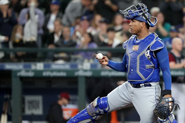 SEATTLE, WA - JUNE 30:  Salvador Perez #13 of the Kansas City Royals reacts after a sacrifice fly out by Mike Zunino #3 to score Ben Gamel #16 of the Seattle Mariners in the second inning to give the Seattle Mariners a 4-3 lead during their game at Safeco Field on June 30, 2018 in Seattle, Washington.  (Photo by Abbie Parr/Getty Images)