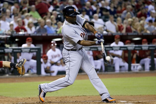 Detroit Tigers' Torii Hunter hits against the Arizona Diamondbacks during the third inning of a baseball game, Monday, July 21, 2014, in Phoenix. (AP Photo/Matt York)