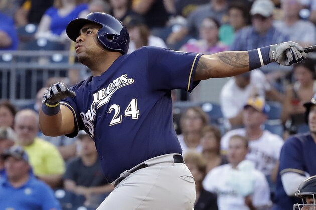 Milwaukee Brewers' Jesus Aguilar watches his solo home run off Pittsburgh Pirates starting pitcher Jameson Taillon in the fourth inning of a baseball game in Pittsburgh, Thursday, July 12, 2018. (AP Photo/Gene J. Puskar)