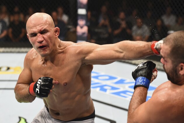 BOISE, ID - JULY 14:  (L-R) Junior Dos Santos of Brazil punches Blagoy Ivanov in their heavyweight fight during the UFC Fight Night event inside CenturyLink Arena on July 14, 2018 in Boise, Idaho. (Photo by Josh Hedges/Zuffa LLC/Zuffa LLC via Getty Images)