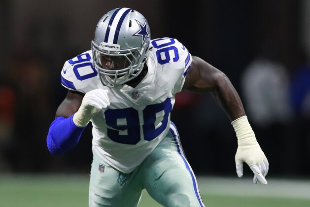 Dallas Cowboys defensive end DeMarcus Lawrence (90) rushes in against the Atlanta Falcons during an NFL football game, Sunday, November 12, 2017, in Atlanta. The Falcons won 27-7. (Jeff Haynes/AP Images for Panini) Dallas Cowboys defensive end DeMarcus Lawrence (90) rushes in against the Atlanta Falcons during an NFL football game, Sunday, November 12, 2017, in Atlanta. The Falcons won 27-7. (Jeff Haynes/AP Images for Panini)
